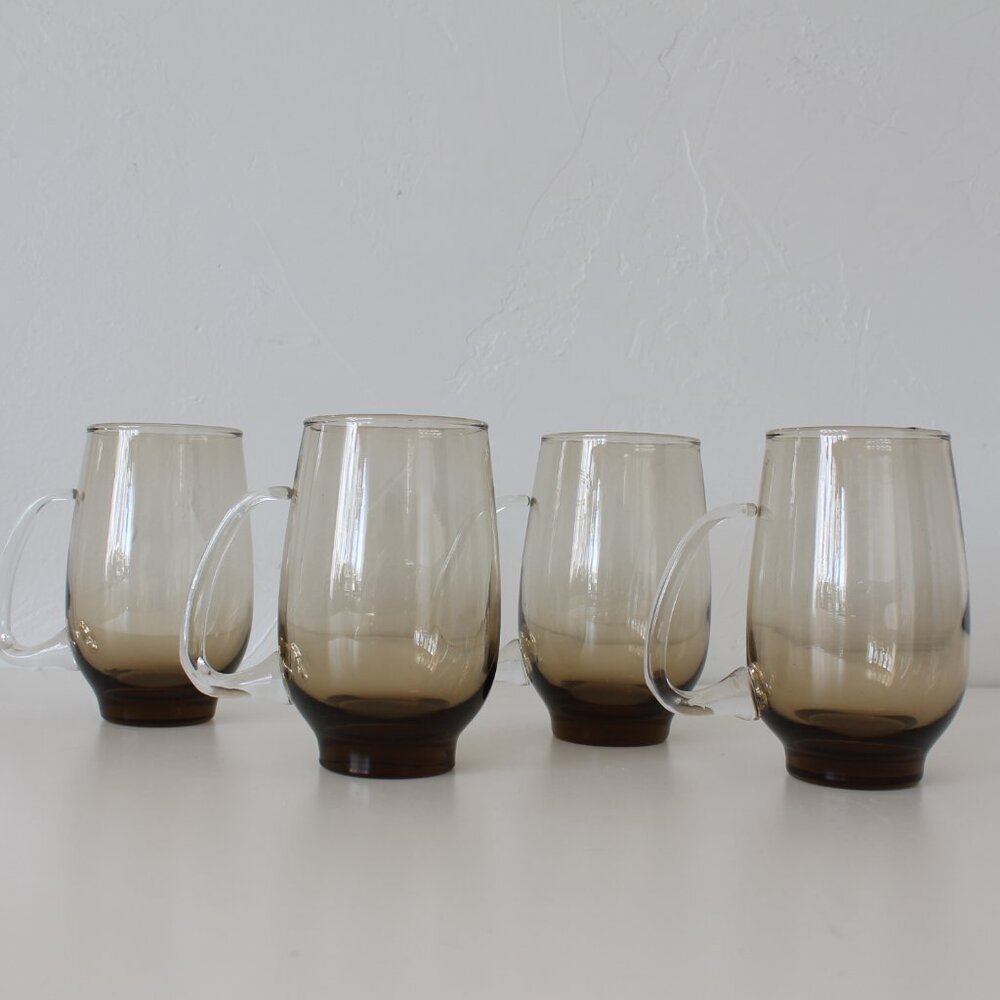 Vintage Libby Tempo Brown Glass Mugs, 1960's Smokey Topaz Tawny Mugs